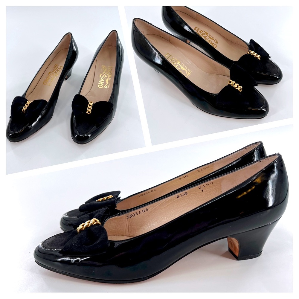 Salvatore Ferragamo Womens Leather Bow Accent Block Heel Pumps size 8.5 B